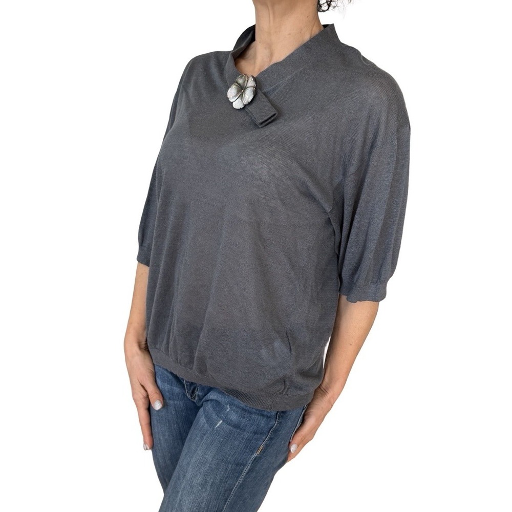 Women's Valentino Gray Linen Silk Short Sleeve Knit Sweater Top Flower Pin Small - Picture 3 of 14